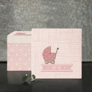 Baby girl wood memory box with pink pram picture